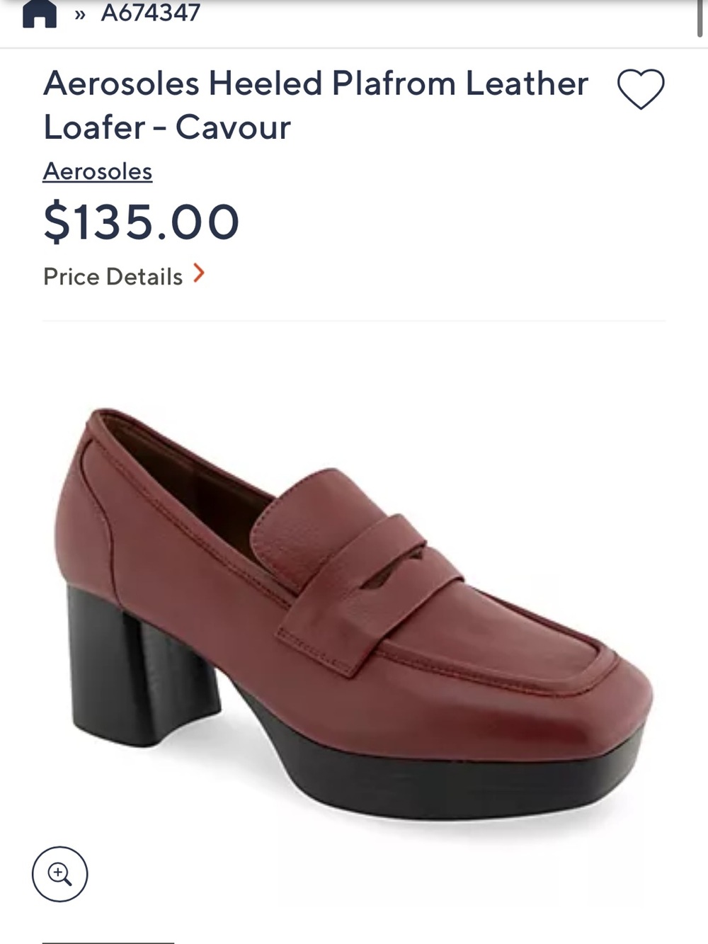 NWOT Aerosoles Women's Heeled Platform Leather Loafer — Cavour Size 7